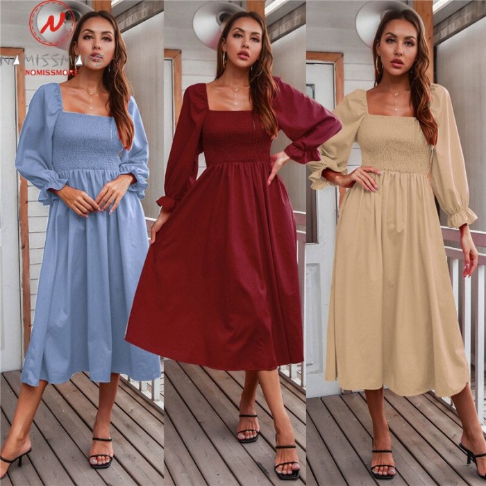 Elegant Women Solid Color A-Line Dress Shrinkage Design Square Collar Flare Long Sleeve High Waist Spring Autumn Slim Long Dress
