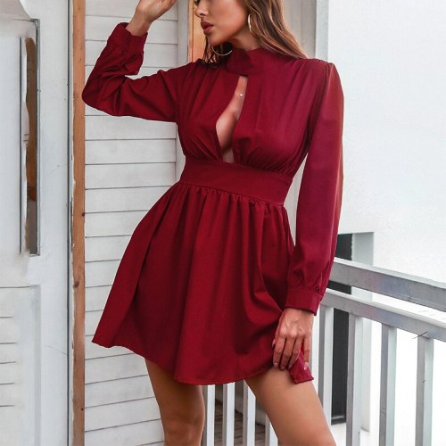 Autumn Solid Black Mini Dress Sexy O Neck Hollow Out Office Ladies Dress Elegant  Waist Casual Loose Women A-Line Dresses