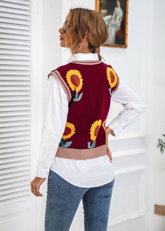 Women Flower V-neck Colorful All-match Sweater Vest