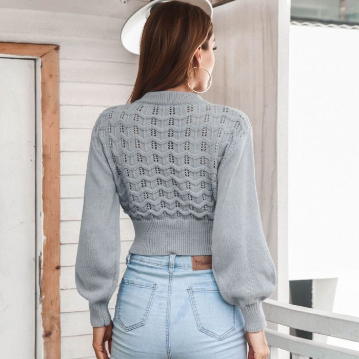 O Neck Knitted Crop Top Women Casual Sweater Lantern Sleeve Autumn Winter Fashion Pullovers Tops Femme 2021 Sexy