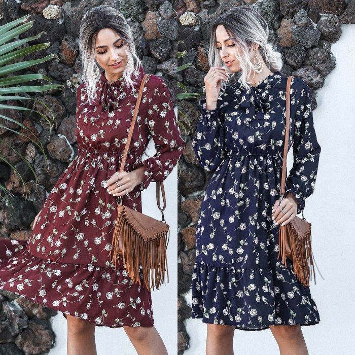 Autumn Dress For Women 2021 Full Flare Sleeve Print Color Bow Office Lady Female Vestido Party Casual Femme Dresses