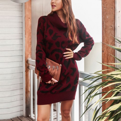 Party Dress Leopard Print Dresses For Women 2021 Casual Sweater Fall Dress Turtleneck Long Sleeve