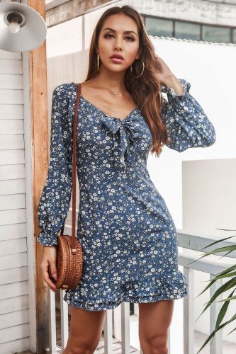 Flower Print Ruffle Women A Line Mini Dress Slim Long Sleeve Lace Up Square Collar Party Dress Holiday Casual Autumn Vestidos