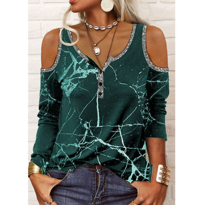 Elegant Sexy Hollow Long Sleeve Blouse Tops Women Spring Summer Camouflage Leopard Print Shirts Lady Casual V Neck