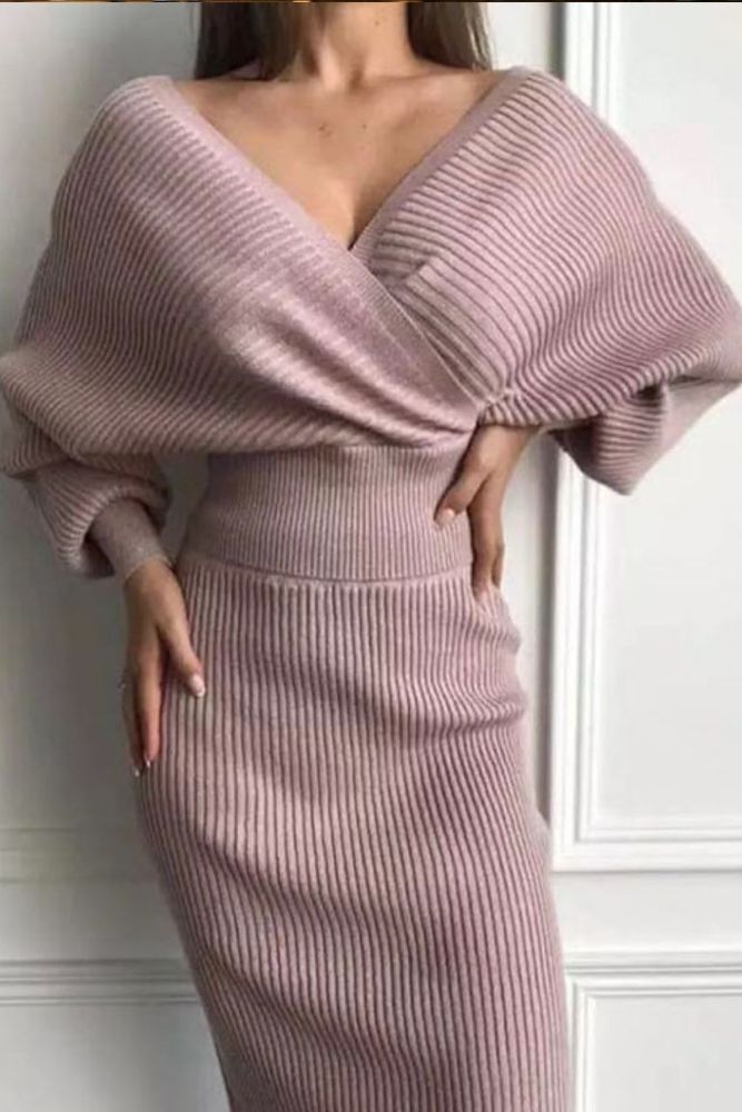 European and American women's 2021 autumn and winter one-neck bat sleeve sweater open back two-piece hip sweater dress