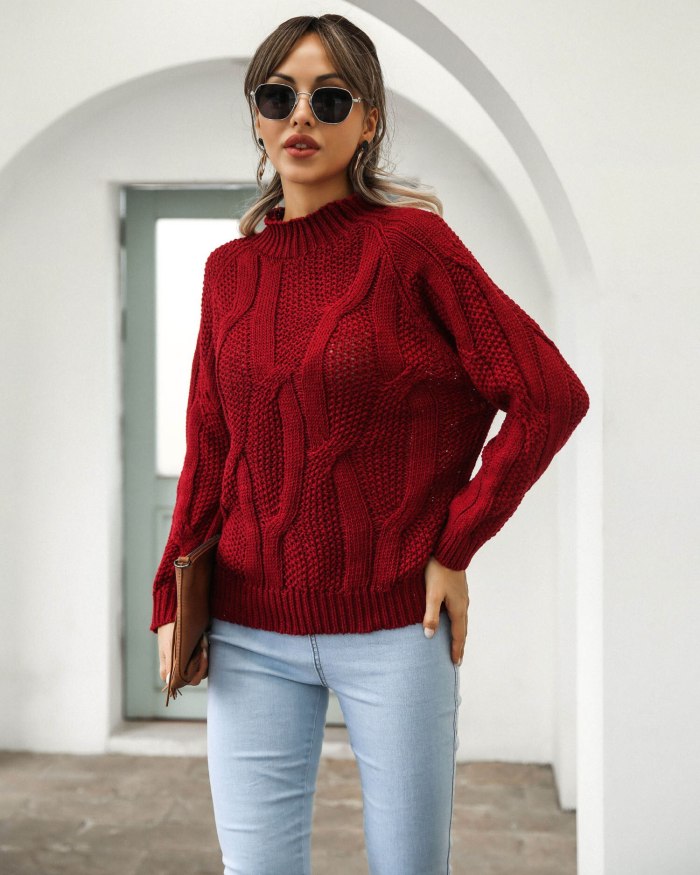 European and American women's 2021 autumn and winter new fashion casual half high neck pullover twist long sleeve knit sweater