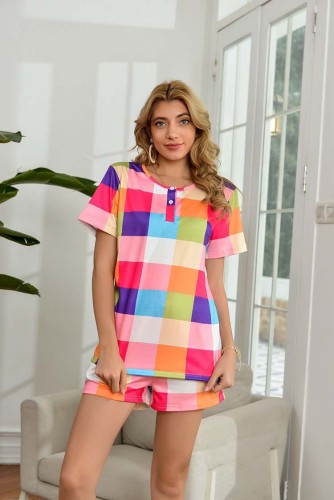 Rainbow Plaid Two-piece Set Home Women Pant Suit O-neck T Shirt Elastic Waist Sexy Shorts Summer Casual Streetwear Pants Suits