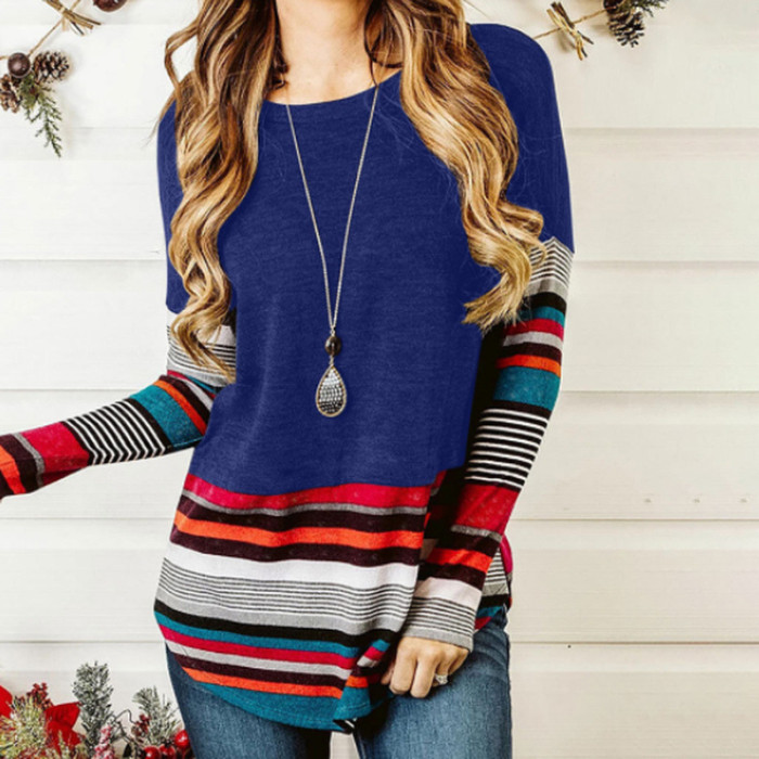 Striped Paneled Casual Crew Neck Women's Sweaters