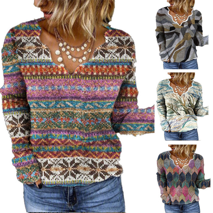 Color-Block Tribal Casual Long Sleeve Women's sweater