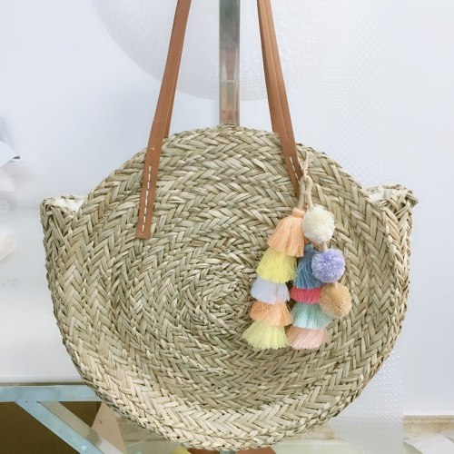 Handmade  Woven Round Hand Knitting Handbag Fashion Straw Bag Rope Knitted Casual Shoulder Bag Summer Beach Tote Scarf
