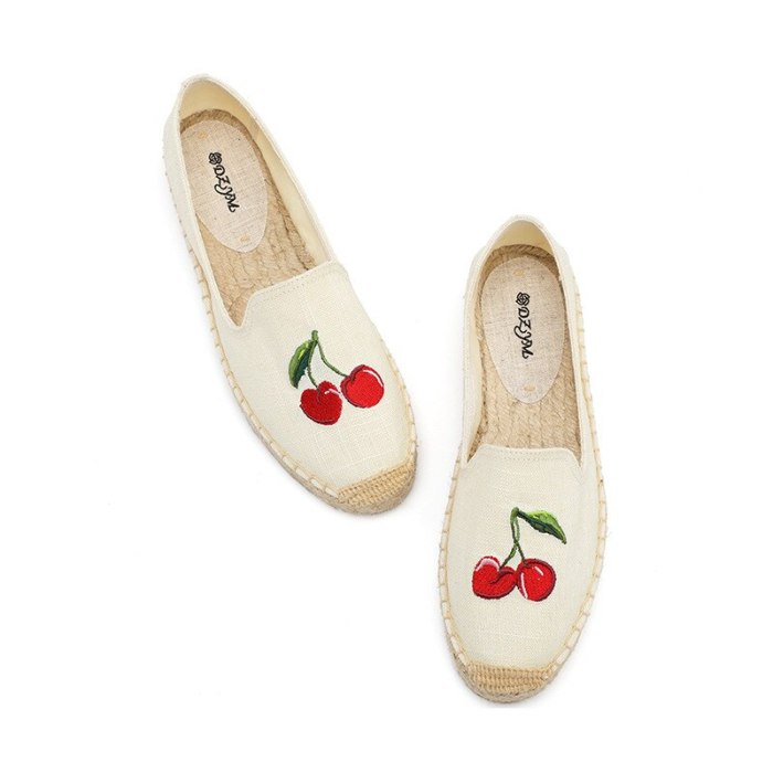 Summer Cherry Embroidery Women Fisherman Shoes Straw-woven Loafers Flax Flats Leisure Linen Flax Lady Canvas Espadrilles