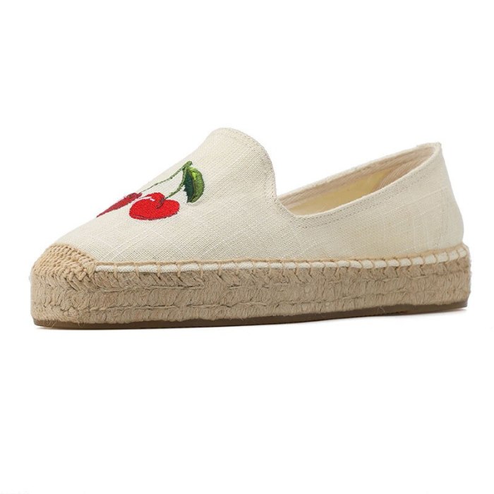 Summer Cherry Embroidery Women Fisherman Shoes Straw-woven Loafers Flax Flats Leisure Linen Flax Lady Canvas Espadrilles