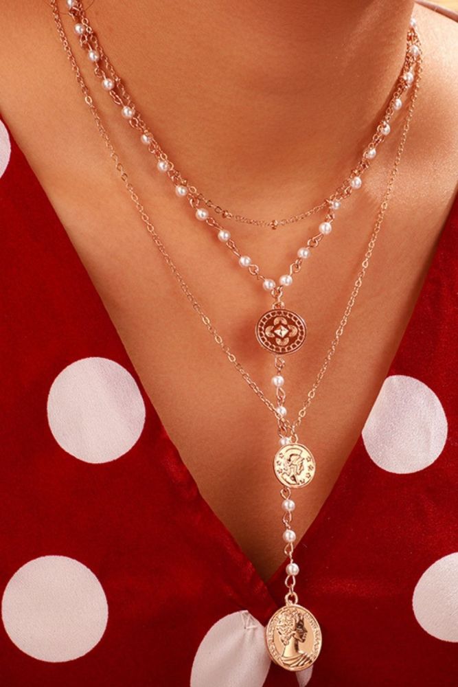 Ornament Retro Multi-Layer Mix and Match Coin Gem Necklace Simple Geometric Relief Portrait Necklace Female