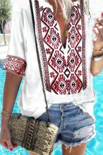 Women  Half Sleeve V Neck Loose Blouse Vintgae Indie Folk Style Summer Shirt Beach Travel Tops Oversize