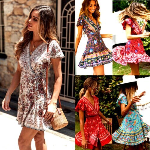 Summer Women Short Sleeve Floral Printing Boho Sundress Vintage Mini Dress Holiday V neck Evening Party Dresses