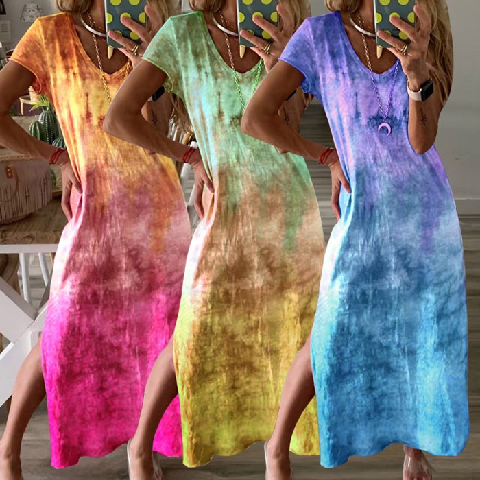 Tie Dye Maxi Dress Short Sleeve Women's Print Dresses Summer V-Neck Loose Boho Sun Beach Loose Dress Plus Size vestidos 2021