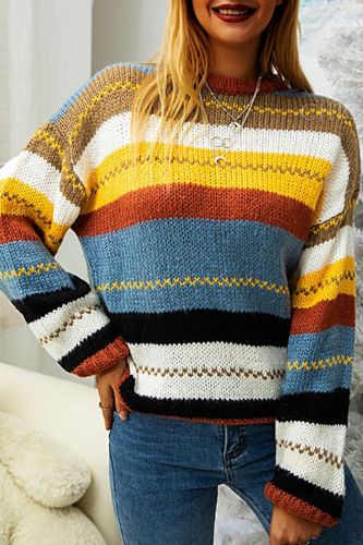 Fashion Women Stripe Splicing Round Neck Sweater