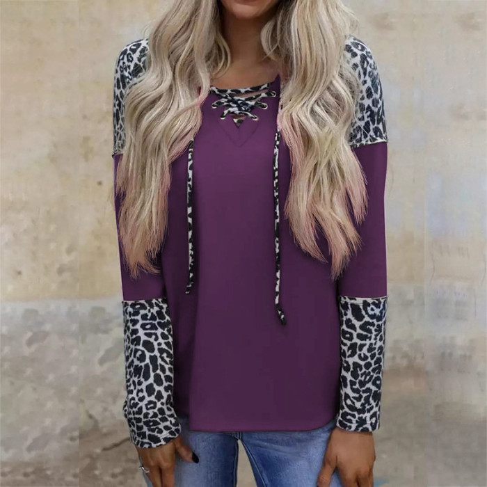 Autumn Winter Sweatshirts Women Hooded Print Leopard Hoodies Casual Zipper Splice Drawstring Pullover Hoodie Fashion Top