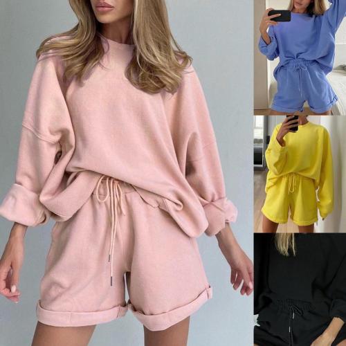 Women Two Piece Suit Solid Color O Neck Long Sleeve Top Drawstring Elastic Waist Top Shorts Suit for Daily Wear