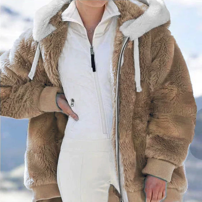 2021 New autumn and winter loose plush zipper hooded jacket women