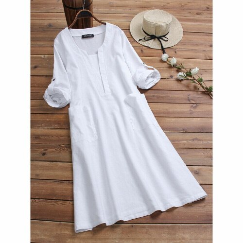 Cotton Fabric Slim Plus Size One-Piece Dress 2019 New Summer Women Linen Pocket Dress Women Long Style Solid Blue White Vestidos