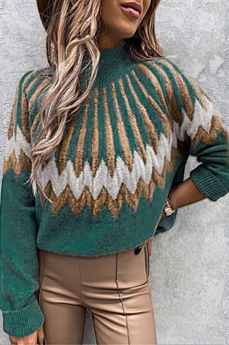 2021 Woman Plus Size Stand Collar Geometric Pattern Pullover Sweater Female Casual Loose Long Sleeve Knitted Tops XXL