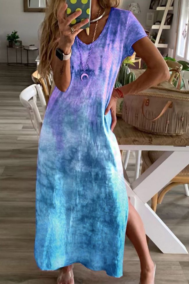 Tie Dye Maxi Dress Short Sleeve Women's Print Dresses Summer V-Neck Loose Boho Sun Beach Loose Dress Plus Size vestidos 2021