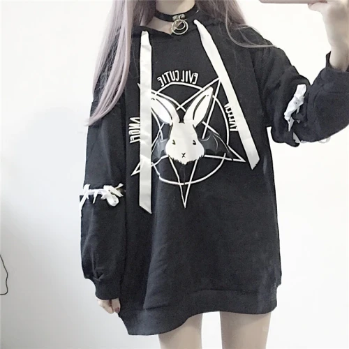 Hoodies Autumn Women 2021 New Print Lace Up Gothic Punk Oversize Tops Long Sleeve Hooded Sweatshirt Pullover Streetwear