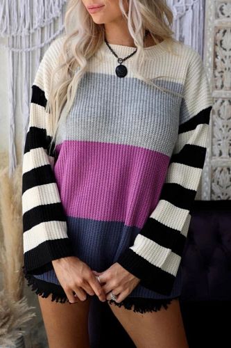 Autumn And Winter Women's New Style Cotton Striped Round Neck Long-Sleeved Hit Color Loose Sweater Fashion Stitching Pullover