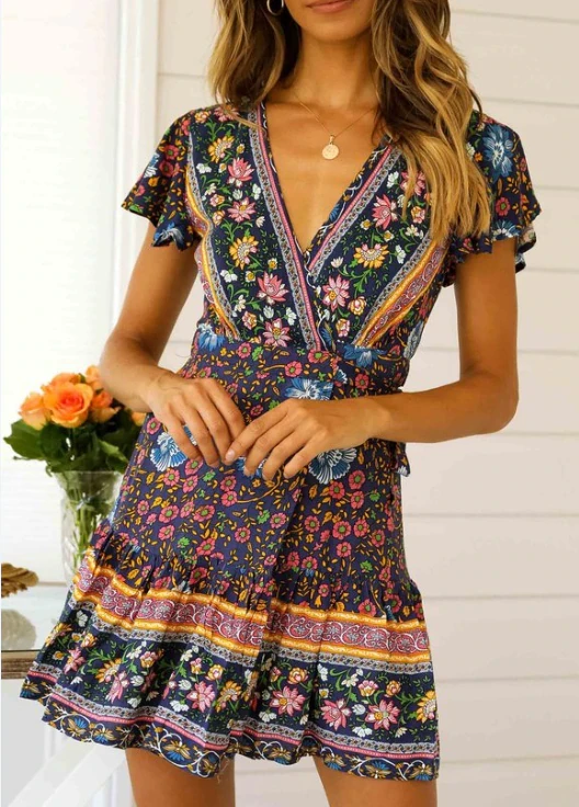 Summer Women Short Sleeve Floral Printing Boho Sundress Vintage Mini Dress Holiday V neck Evening Party Dresses