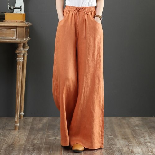 Women 100% Linen Wide Leg Pants Elastic Waist Spring Autumn Floor Length Pockets Plus Size Women Clothing Loose Vintage Trouser