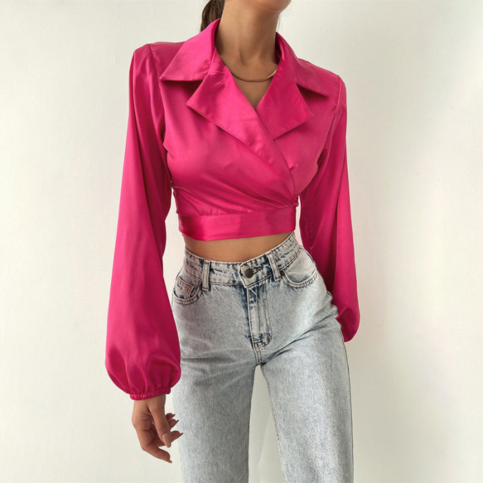 Vintage Long Sleeve Lace Up Bandage Satin Wrap Shirt Sexy Crop Tops Blouse Women 2021 Spring Summer Fairy Grunge Office Shirts