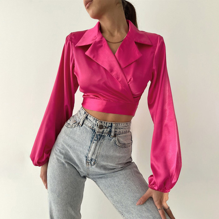 Vintage Long Sleeve Lace Up Bandage Satin Wrap Shirt Sexy Crop Tops Blouse Women 2021 Spring Summer Fairy Grunge Office Shirts