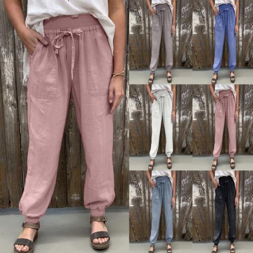 2021 Summer Women Pants with Pockets All-match Fashion Women Solid Color Elastic High Waist Casual Beach Long Pants for Beauty