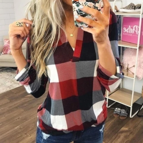 2021 Women Shirts Autumn Casual Plaid Shirt For Women Tops And Blouses Long Sleeve Red Ladies Plaid Shirts