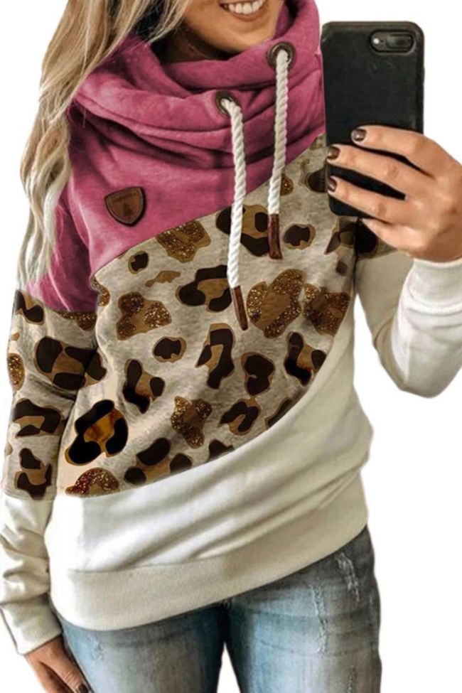 Women Leopard Patchwork Hooded Sweatshirt Autumn Winter Turtleneck Warm Long Sleeve Printed Hoodies Female Drawstring Pullovers