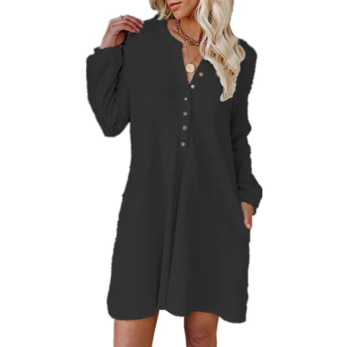 New Style Autumn Winter Women's Clothing Loose Solid Color V-neck Long-sleeved Button Casual Dress Elegant Fashion Midi Dresses