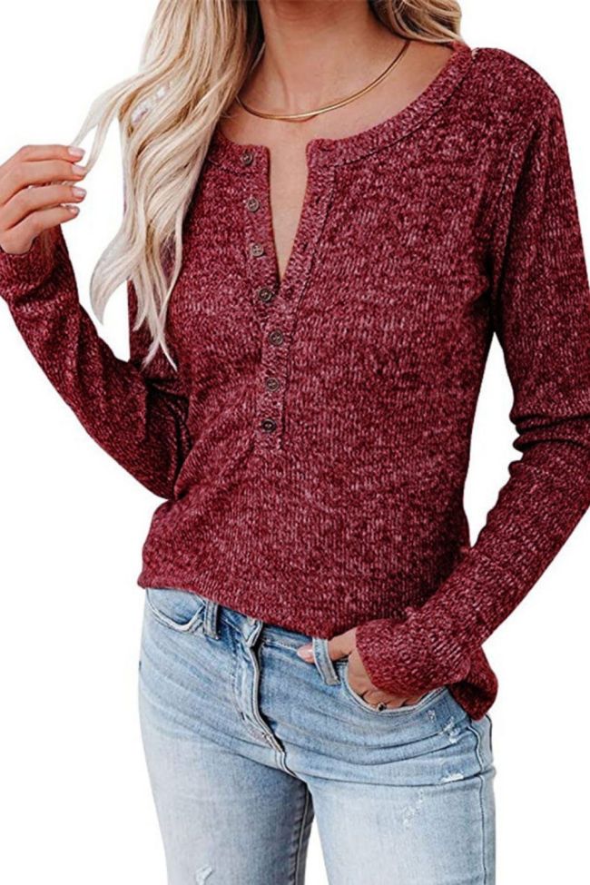 Autumn New Women's T-shirt Chest Button Casual Long-sleeved T-shirt Round Neck Pullover Solid Color All-match Ladies' Tops
