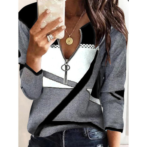 Fashion Women Casual Long Sleeve Color Contrast Print Loose T Shirt Elegant Color Block Tops New Pullovers Sweater Oversized 5XL