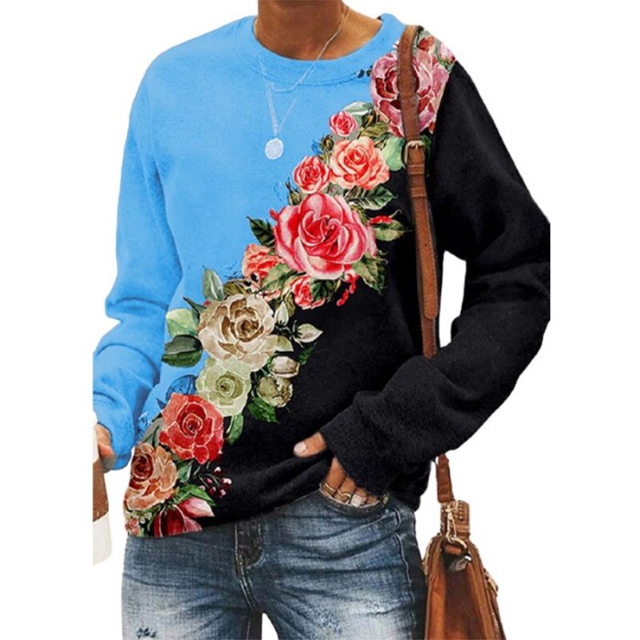 Autumn Winter O Neck Long Sleeve Women's T Shirt Fahsion Bohemia Rose Flower Print Cotton Ladies Pullover Tops Plus Size