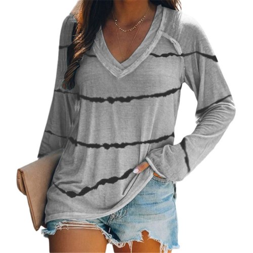 2021 New Striped Long-Sleeve T-Shirt Women's Top Casual Tie-Dye V-Neck Spring and Autumn  Women's Loose Clothing
