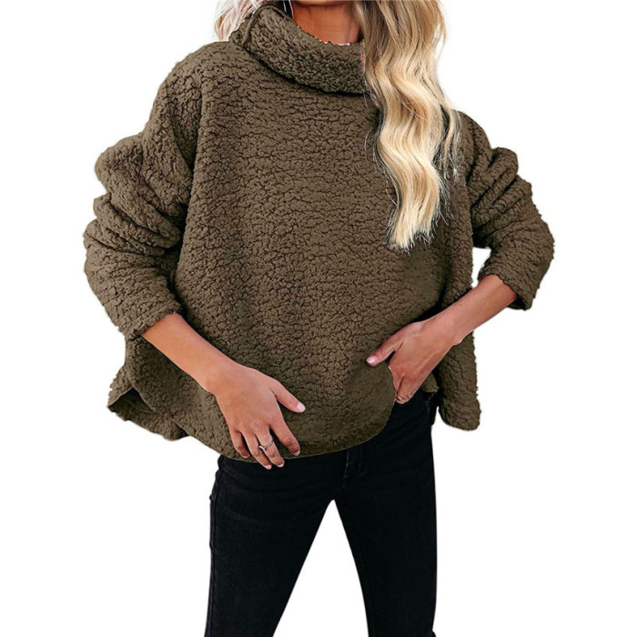 Women  Turtleneck Sweater Fluffy Teddy Fleece Pullover Faux Fur Fluffy Warm Tops 2021 Winter Streetwear Sweaters
