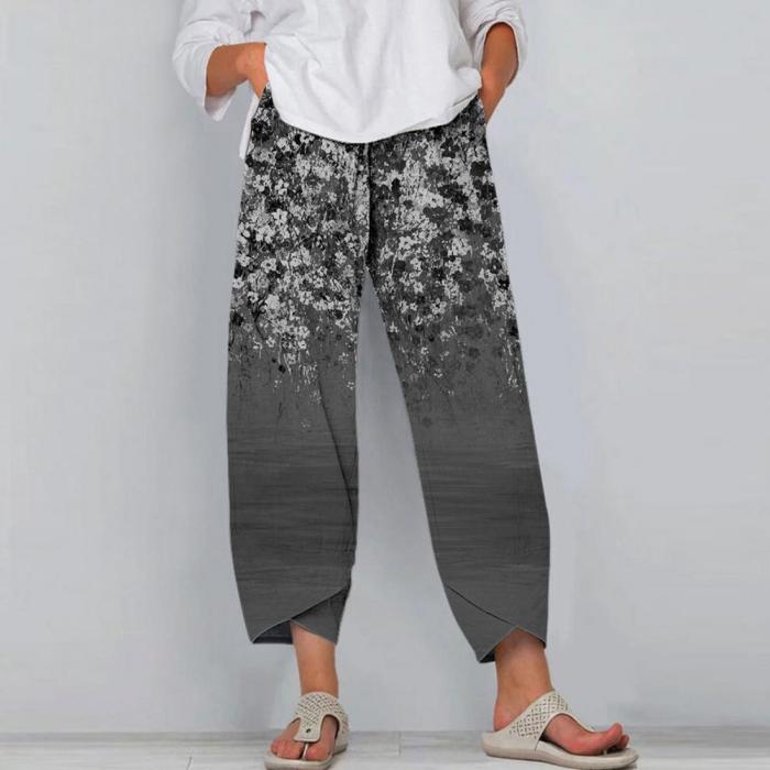 Pants Pockets Cotton Linen Wide Leg Cropped Pants For Women Wide Legs Elastic Waistband Drawstring Loose Cropped Pants