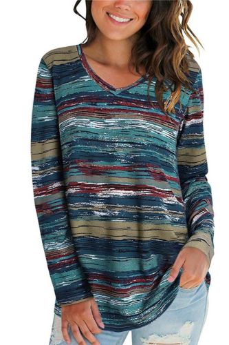 Sexy V Neck Long Sleeve Gradient Print Loose T-shirts Casual Spring Autumn Tie Dye Striped Tee Tshirt