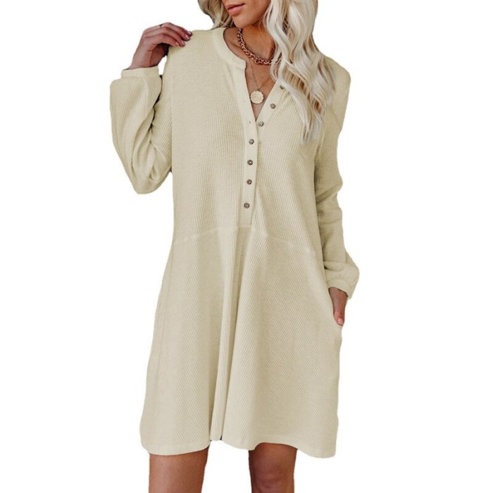 New Style Autumn Winter Women's Clothing Loose Solid Color V-neck Long-sleeved Button Casual Dress Elegant Fashion Midi Dresses