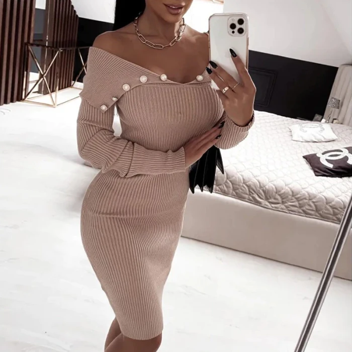 New Fashion Ribbed Knitted Dress Women Sexy Off Shoulder Backless Long Sleeve Party Dress Office Lady Elegant Slit Bodycon Dress