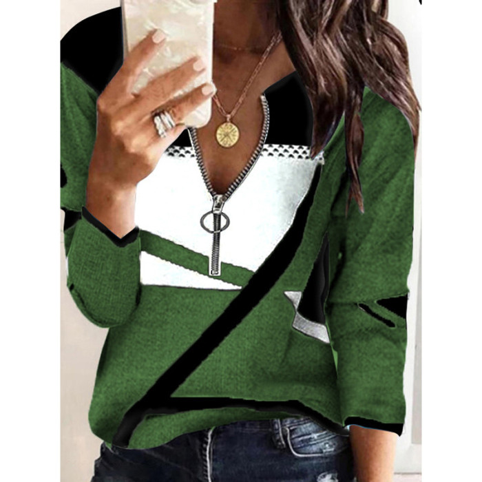 Fashion Women Casual Long Sleeve Color Contrast Print Loose T Shirt Elegant Color Block Tops New Pullovers Sweater Oversized 5XL
