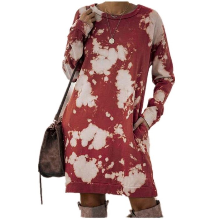 2021 Autumn Winter Woman Tie-dye Printing Gradient Long-sleeved Round Neck Dress Female Fashion Elegant Dresses