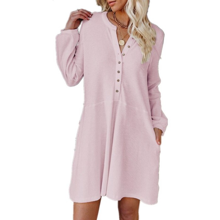New Style Autumn Winter Women's Clothing Loose Solid Color V-neck Long-sleeved Button Casual Dress Elegant Fashion Midi Dresses