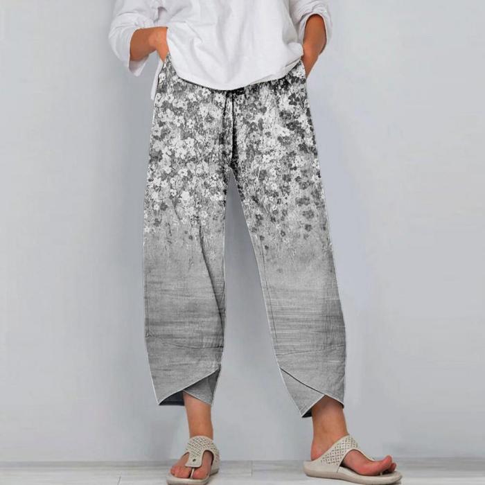 Pants Pockets Cotton Linen Wide Leg Cropped Pants For Women Wide Legs Elastic Waistband Drawstring Loose Cropped Pants